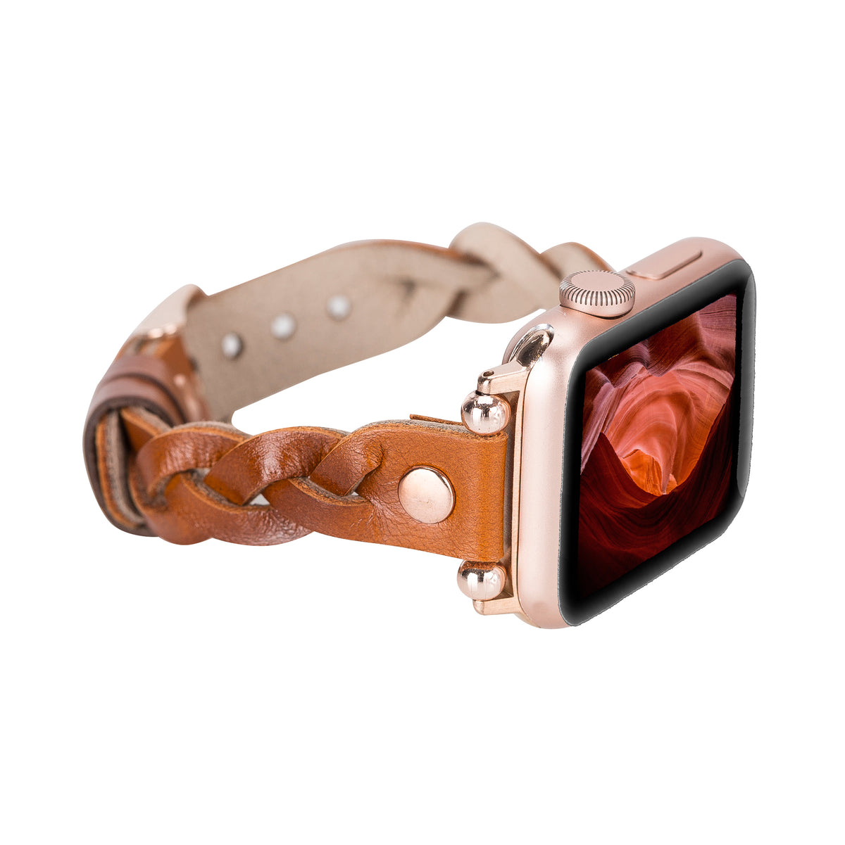 Smartwatch with a braided brown leather strap on a white background