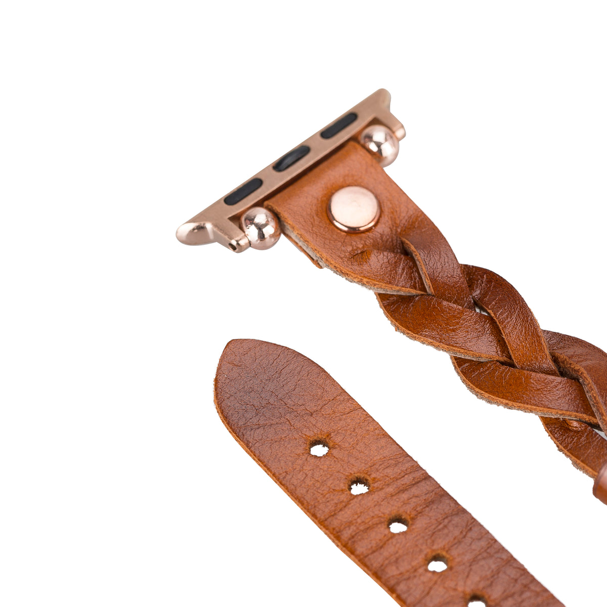 Brown braided leather watch strap with metal clasp on a white background