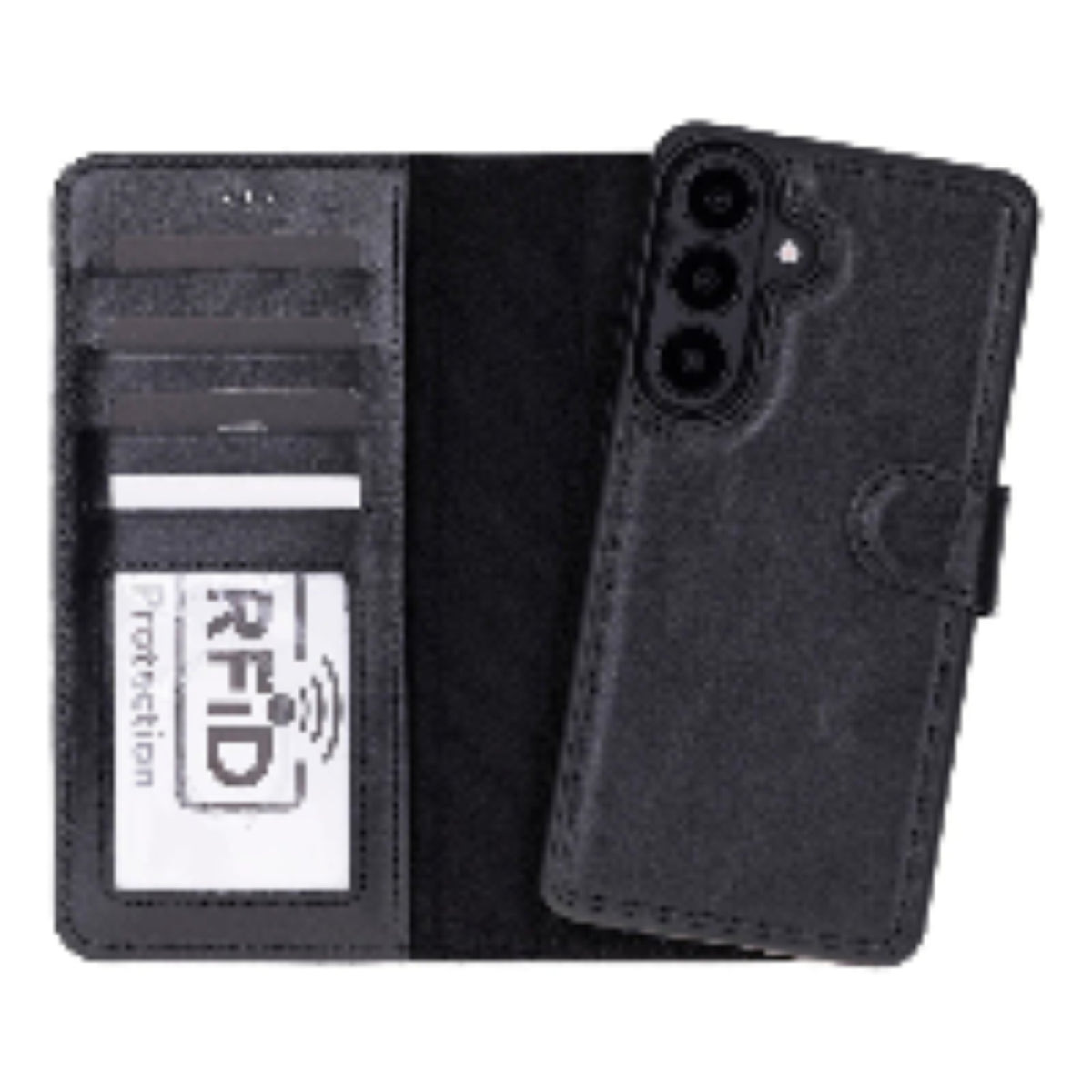 Black galaxy s26 wallet case with RFID protection feature on a white background