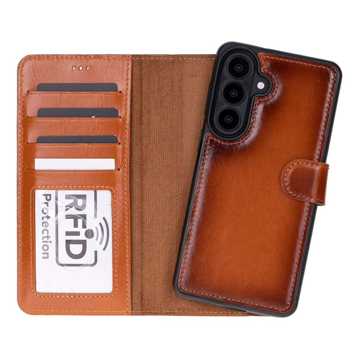 Brown leather galaxy s26 wallet with card slots and RFID protection label on a white background