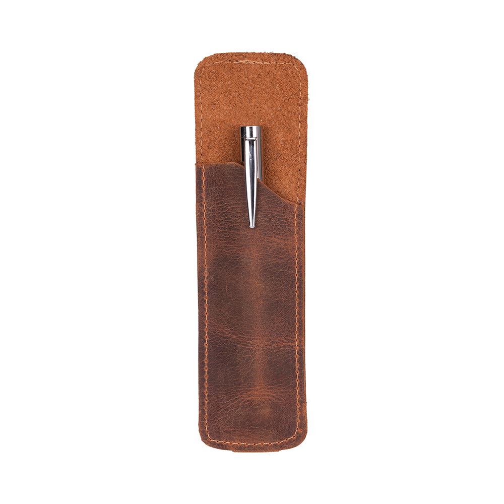 Brown leather pen holder with a silver pen on a white background