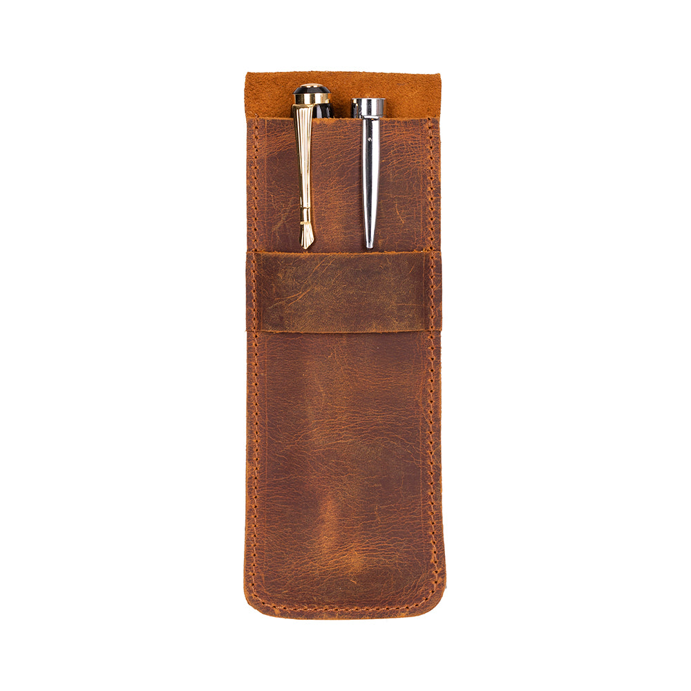 Brown leather pen holder with two silver pens on a white background