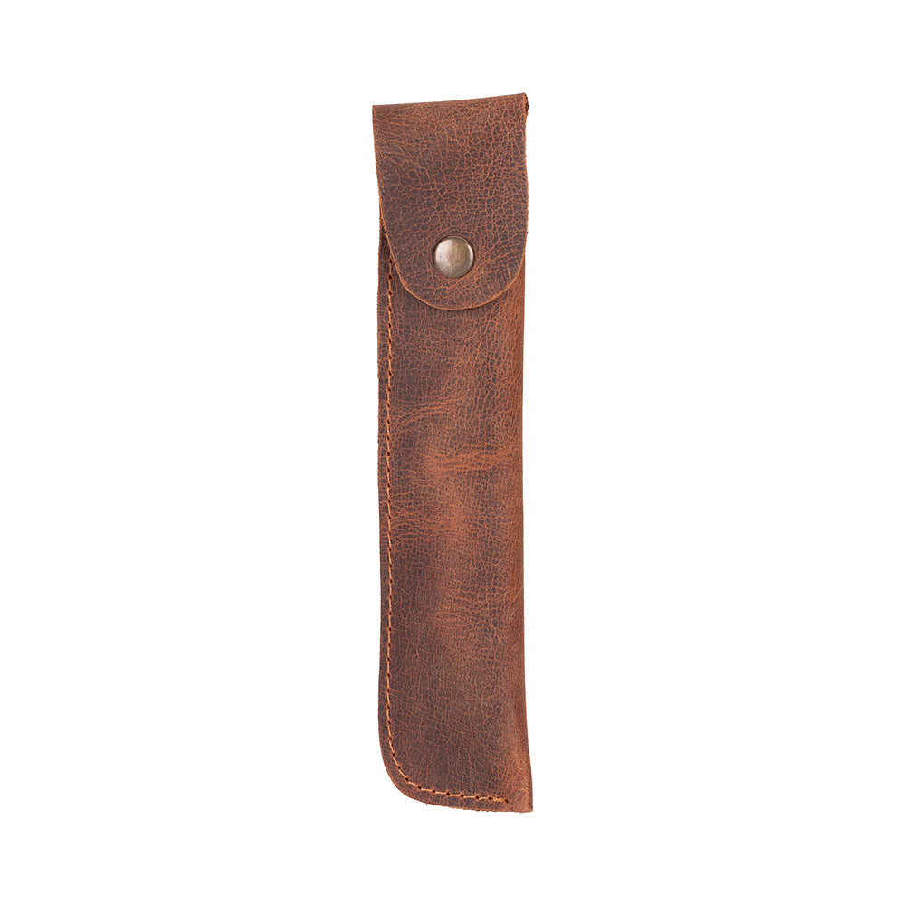 Brown leather pen holder with a button on a white background