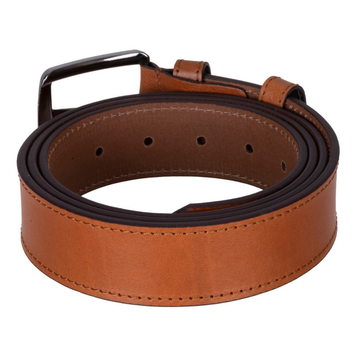 Brown leather belt with black buckle on a white background