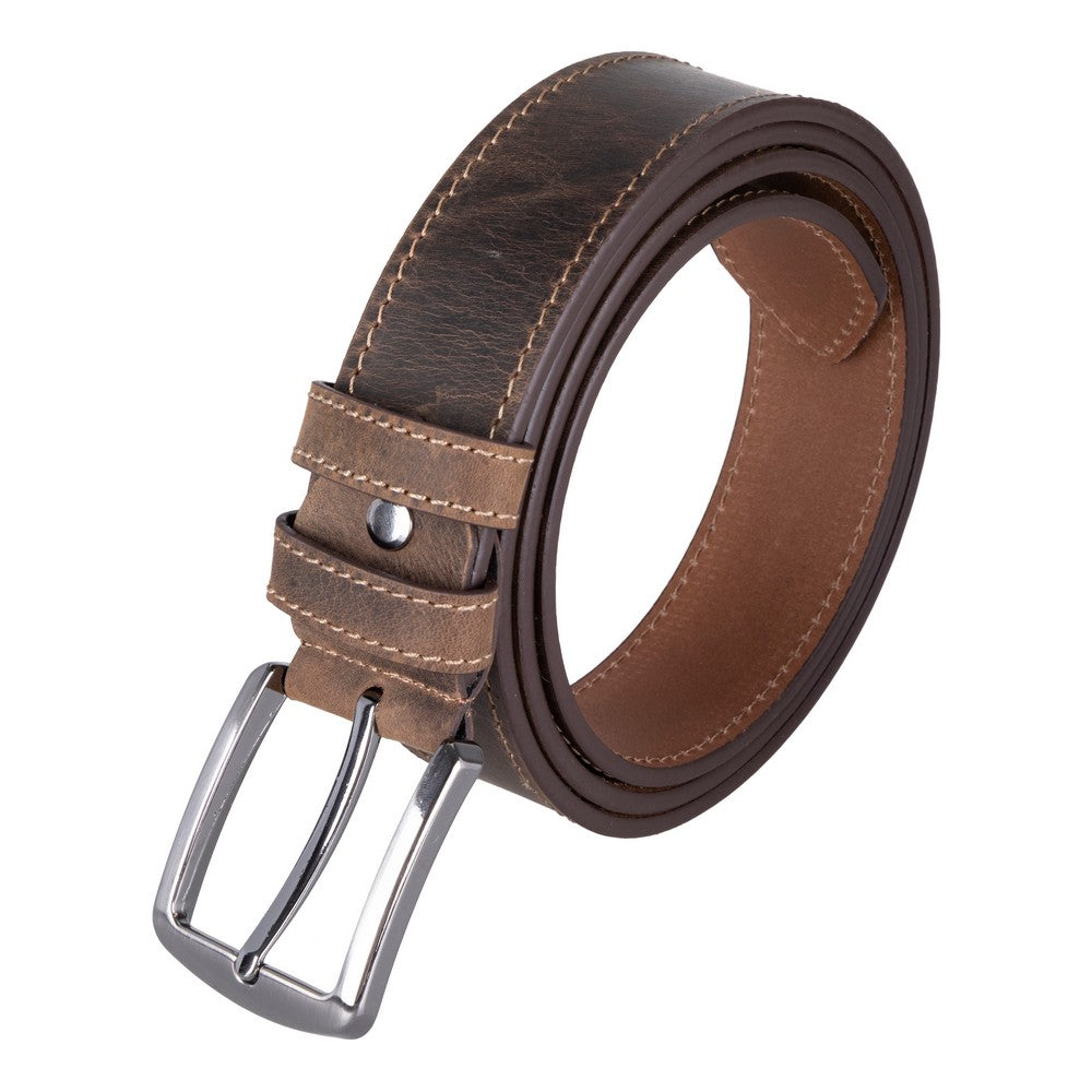 Brown leather belt with silver buckle on a white background