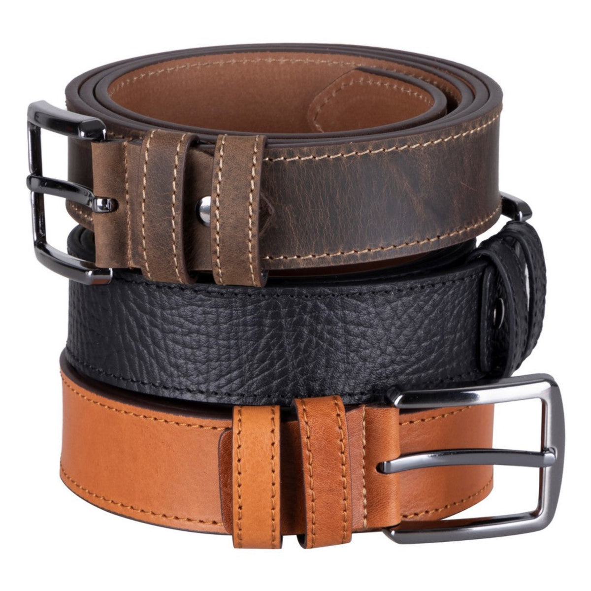 Three leather belts in brown, black, and tan with metal buckles on a white background.