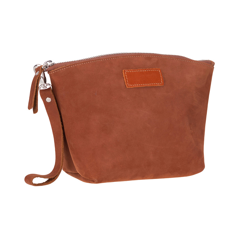 Brown leather clutch bag with a strap on a white background
