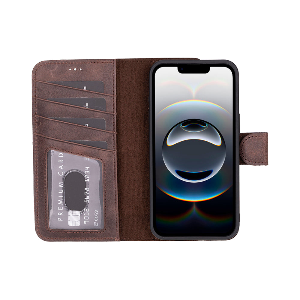 Brown phone wallet case with card slots and phone pocket on a white background