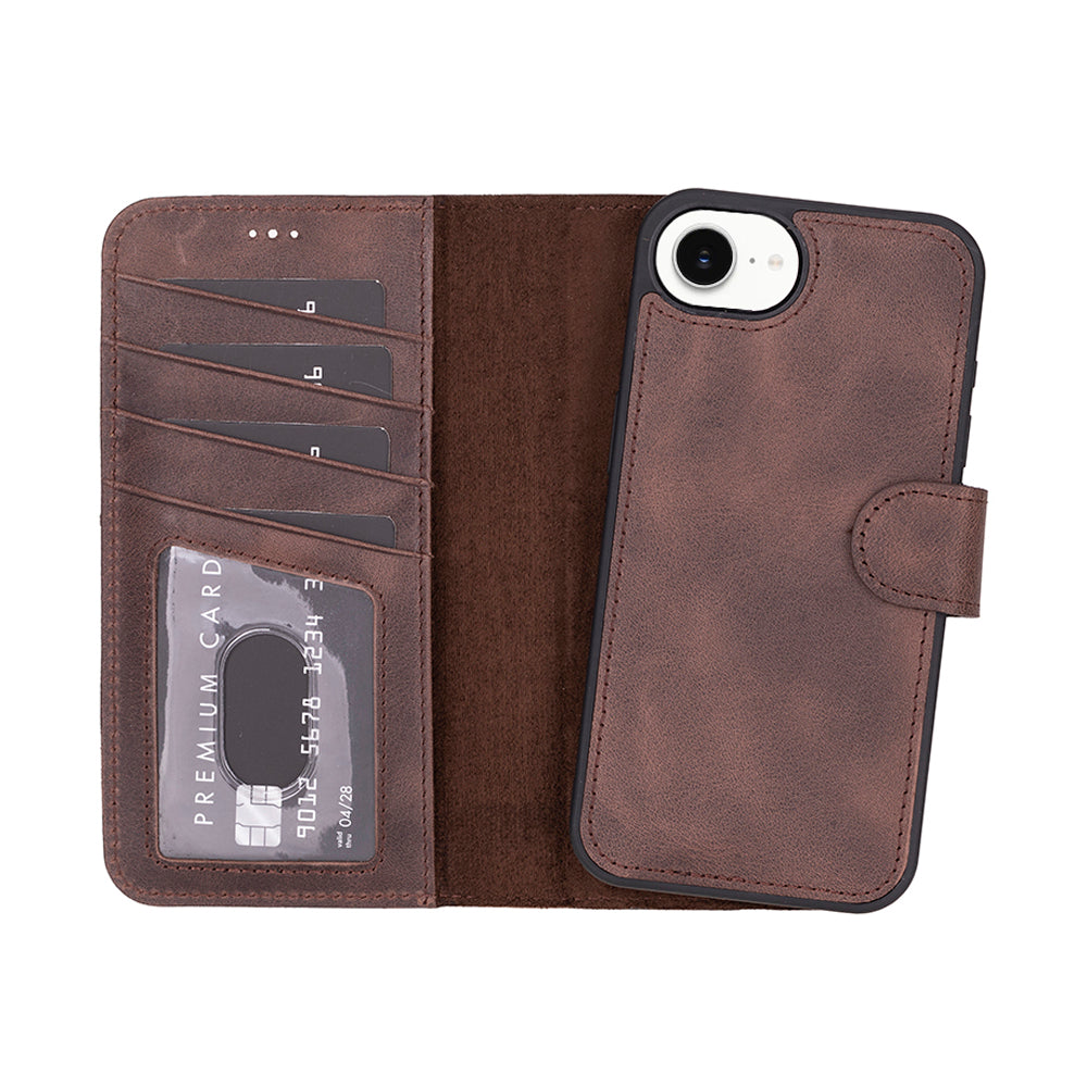 Brown leather phone wallet with card slots on a white background