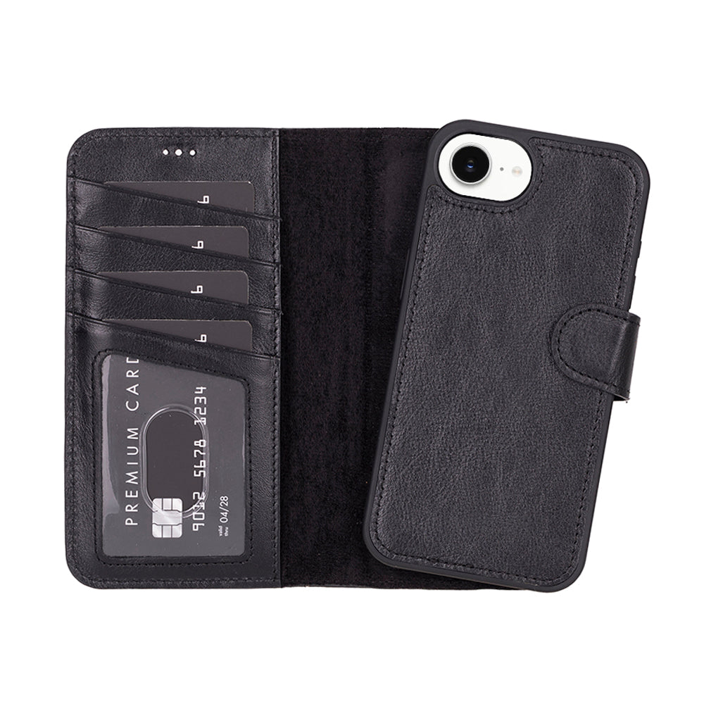 Black phone wallet case with card slots and a phone stand feature on a white background
