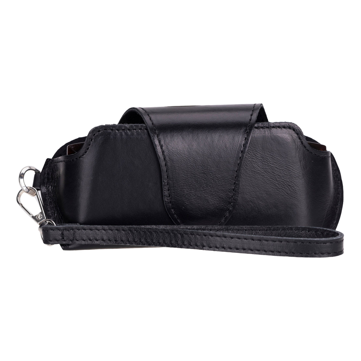 Black leather crossbody bag on a white background