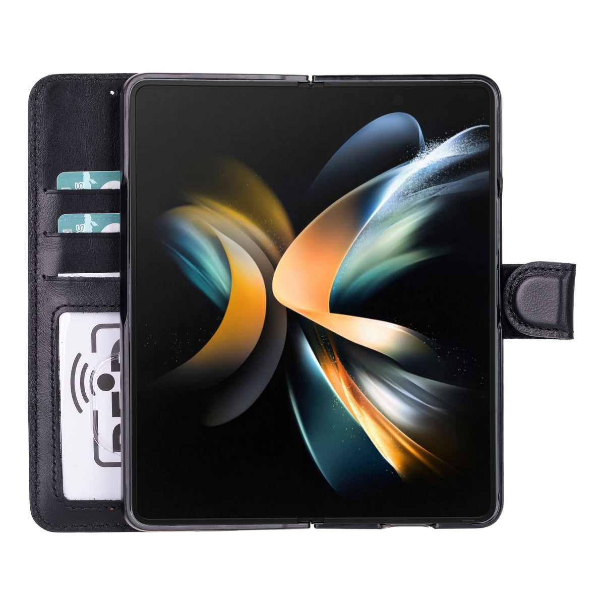 Phone case with card slots and a colorful abstract design on a black background