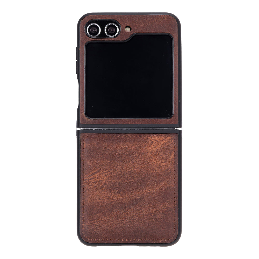 Brown leather phone case with back and front views on a white background