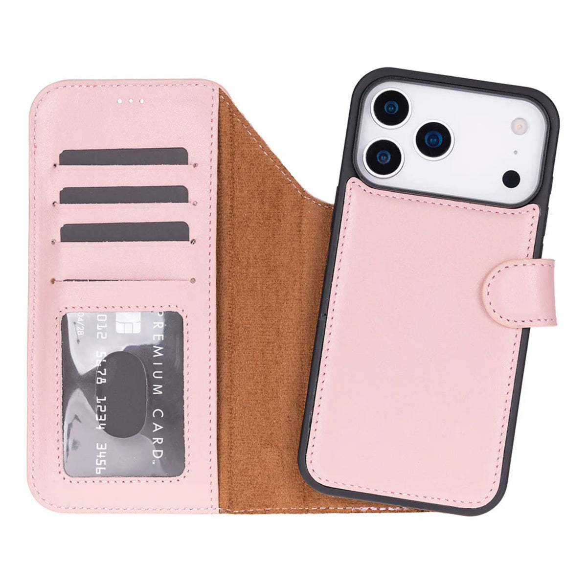Pink iphone 18 pro case with card slots and back pocket on a white background