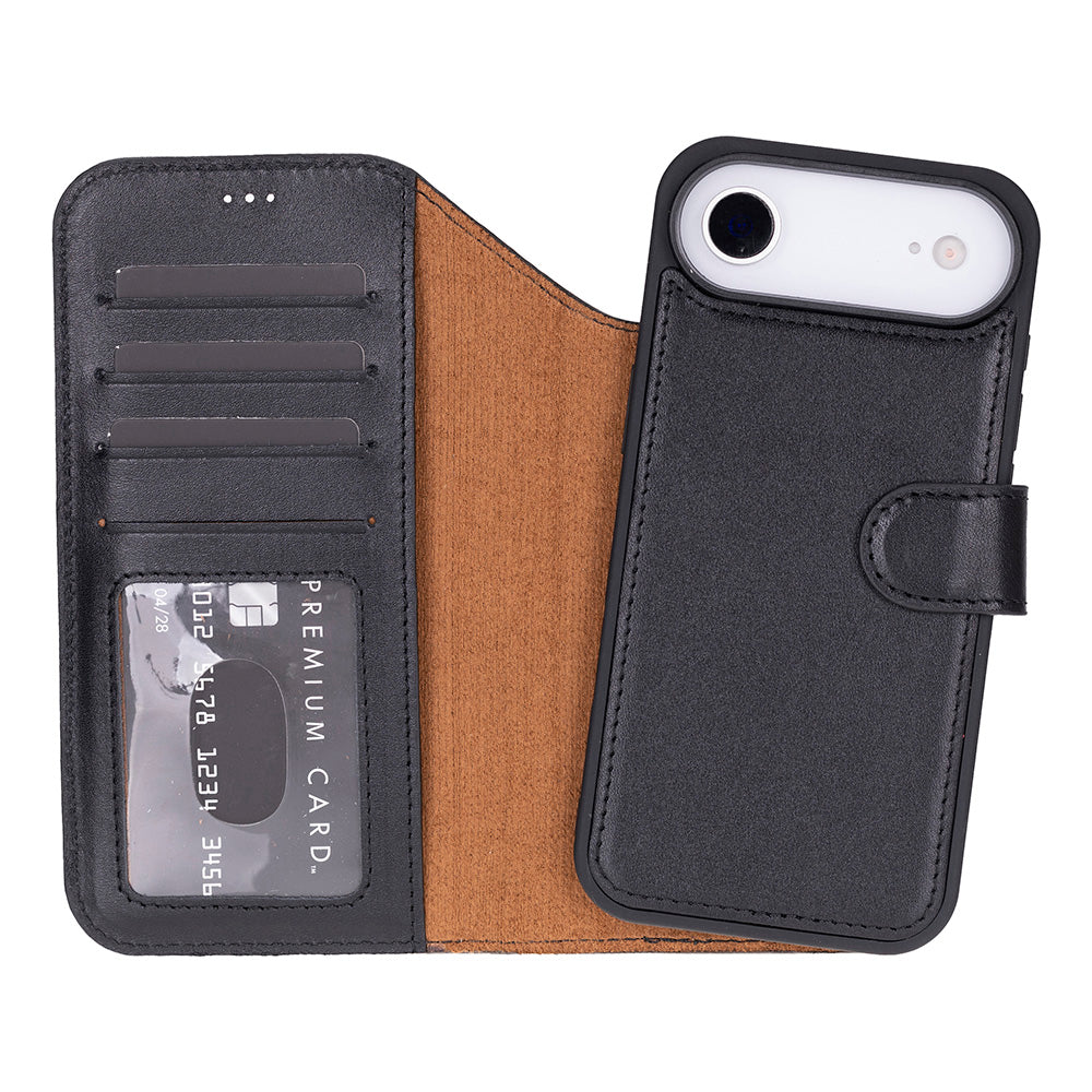 Black iphone 17 phone case with card slots and brown interior on a white background