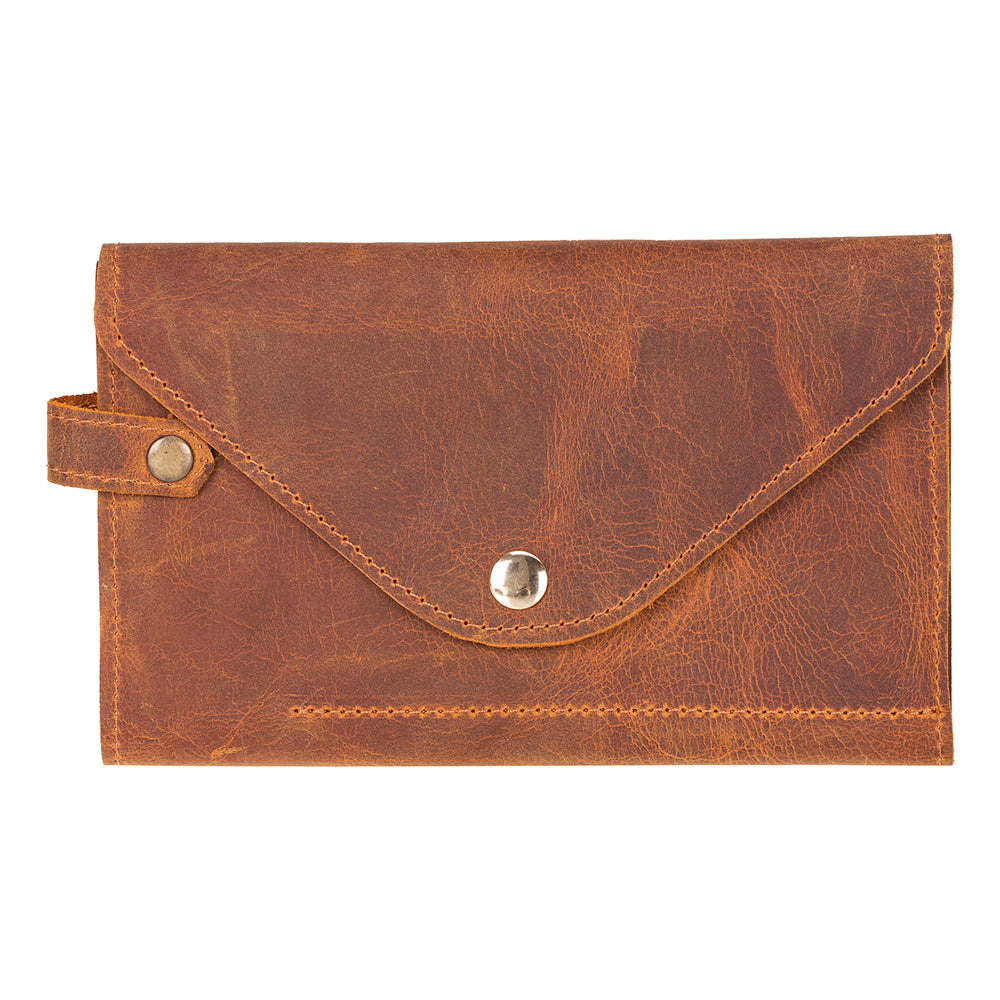 Brown leather clutch with metal buttons on a white background