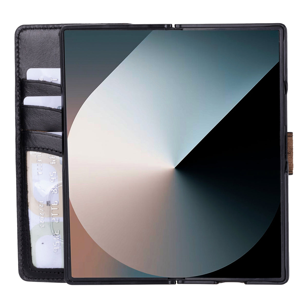 A black Samsung Galaxy Z Fold 6 smartphone in a leather wallet case with RFID protection, featuring card slots and a magnetic clip.