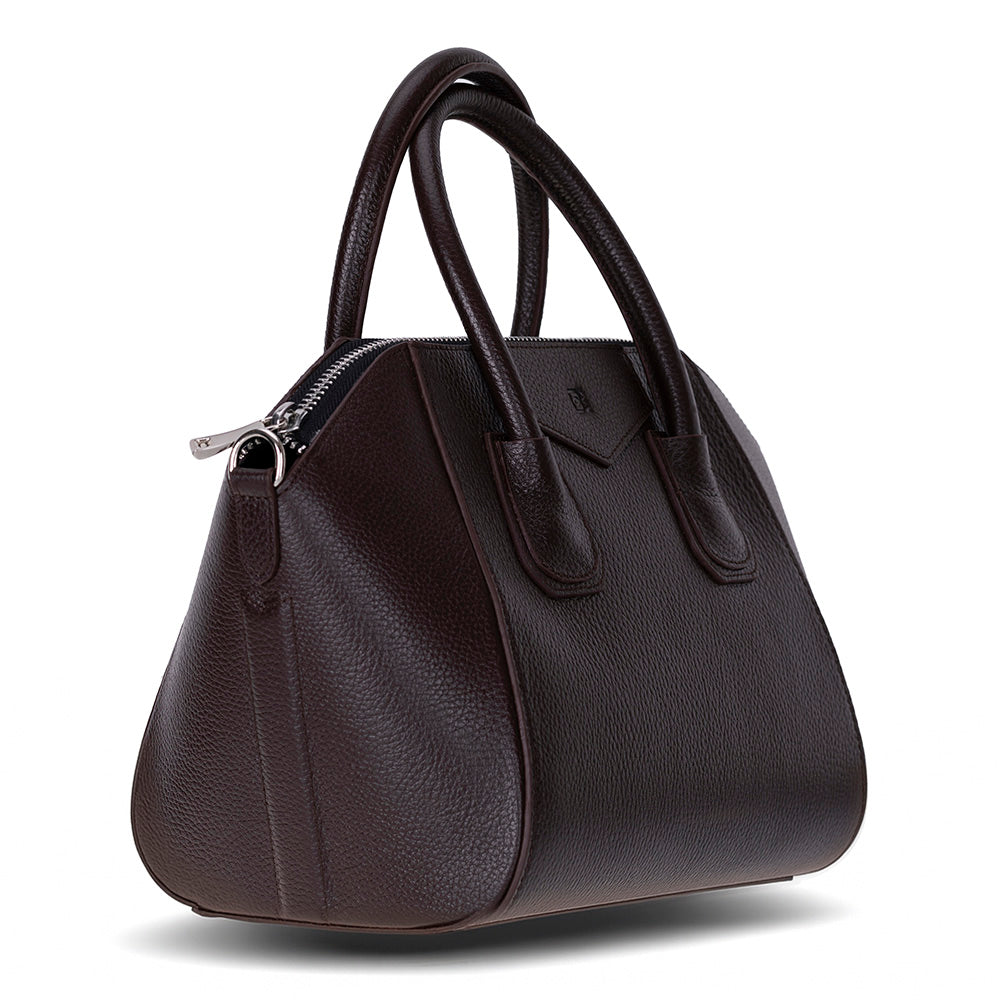 Brown handbag with a visible brand logo on a white background