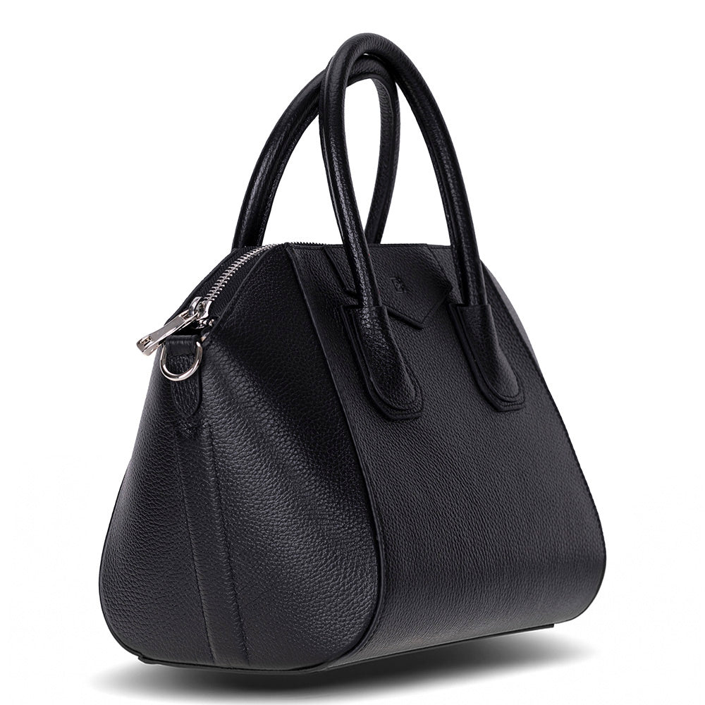 Black handbag with a zipper on a white background