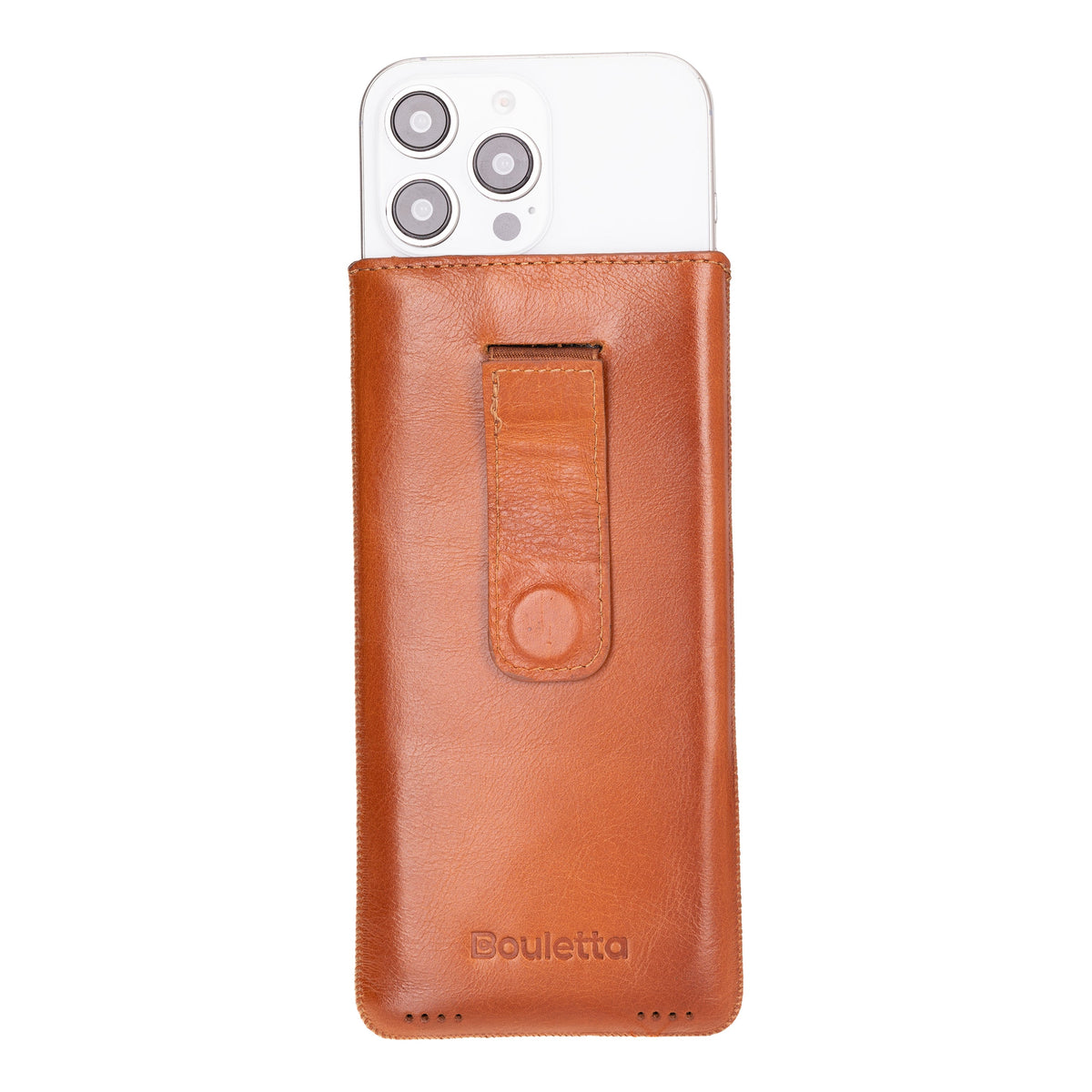 A black leather multi case cover for an iPhone, showing the case closed with the iPhone partially inserted from the top.