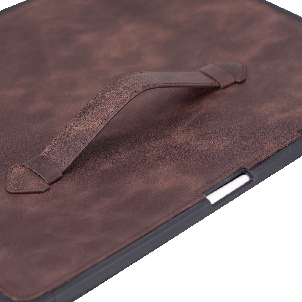 Brown leather case with a handle on a white background