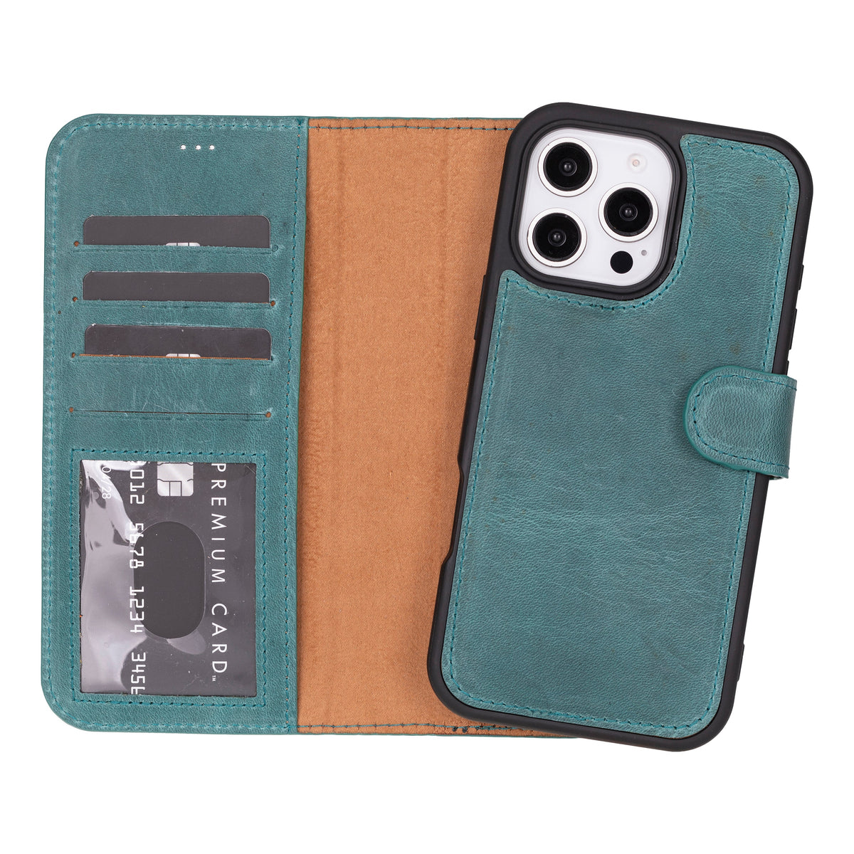 Teal iphone 16 case with card slots and back view on a white background