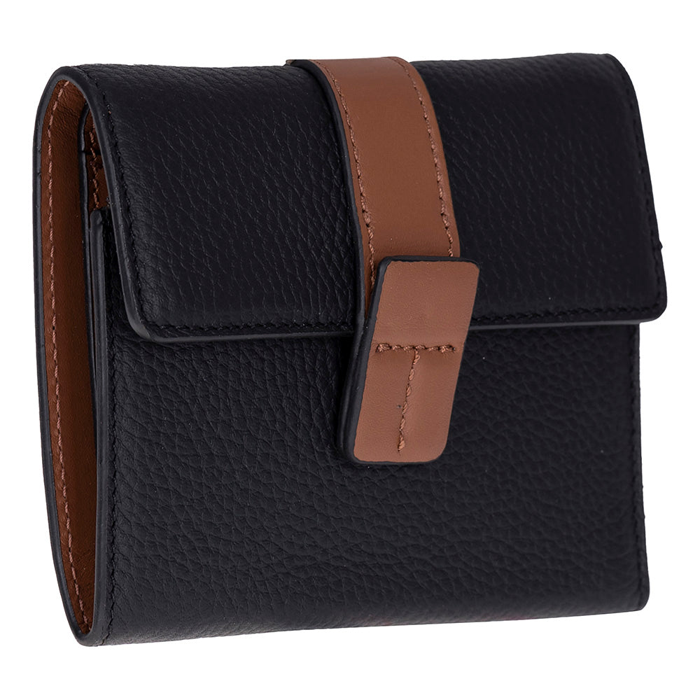 Black leather wallet with brown strap on a white background