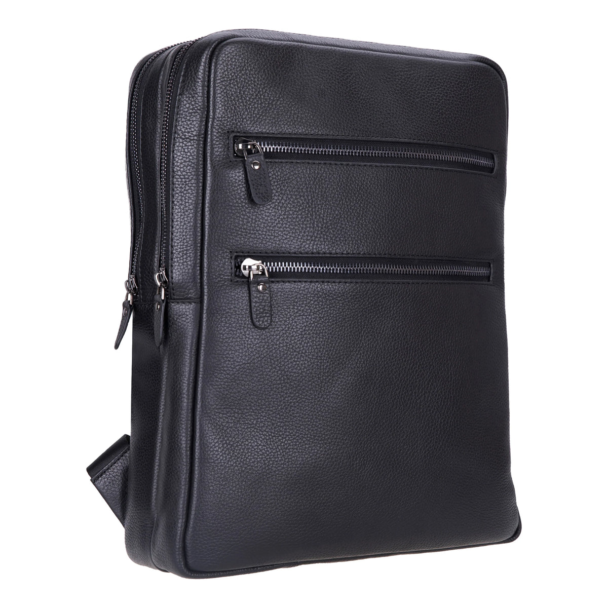 Black leather backpack with multiple zippers on a white background