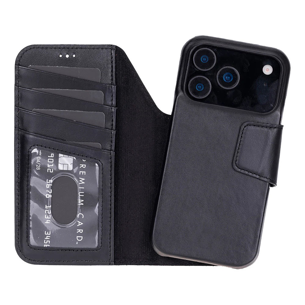 Black phone case with card slots and phone stand feature on a white background