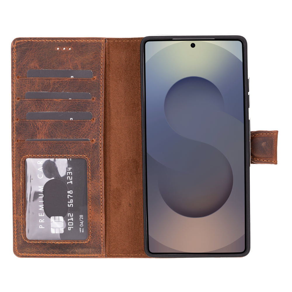 Brown leather phone case with card slots and a phone on a white background