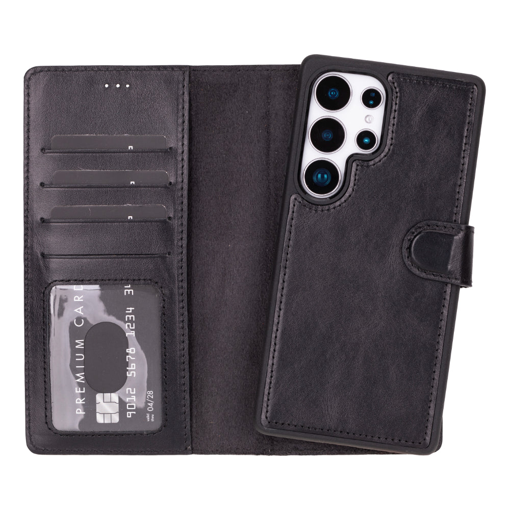 Black phone case with card slots and phone stand feature on a white background