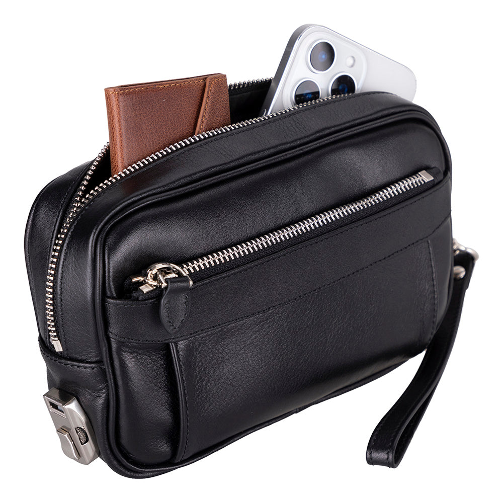 Forge genuine leather handbag with wrist strap and combination lock