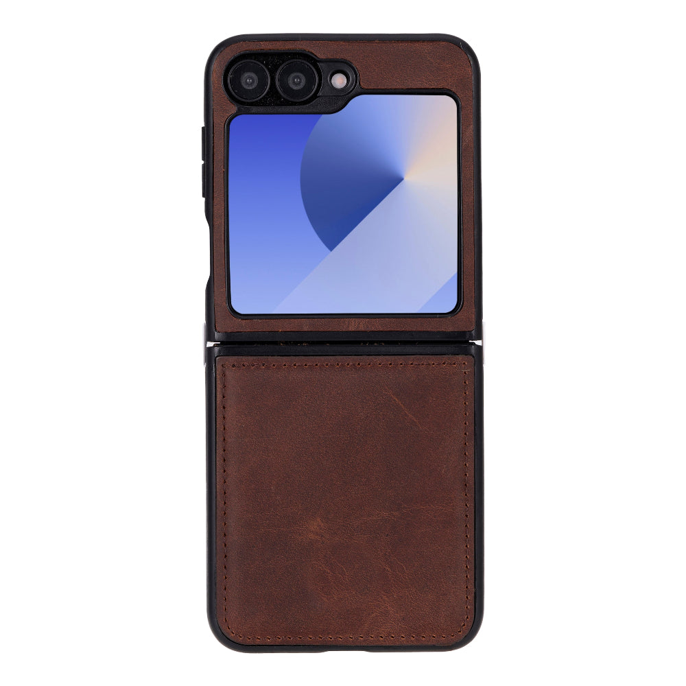 Brown phone case with a reflective screen on a white background
