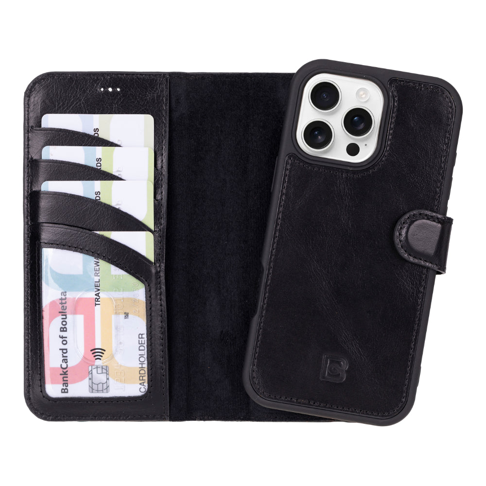 A black genuine leather wallet case for iPhone 16 Pro with a detachable cover, displayed open to show the interior with card slots and a compartment for banknotes.