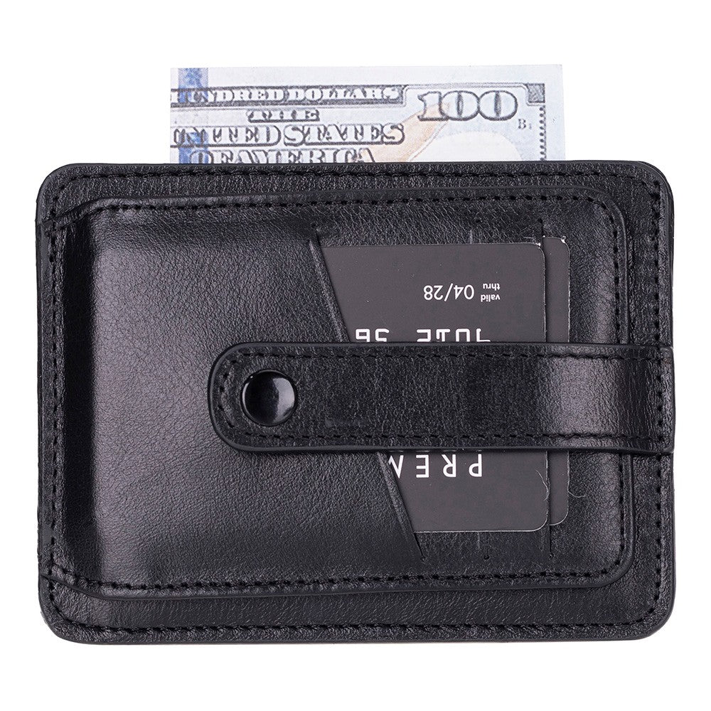 Black leather wallet with money clip and card slots on a white background