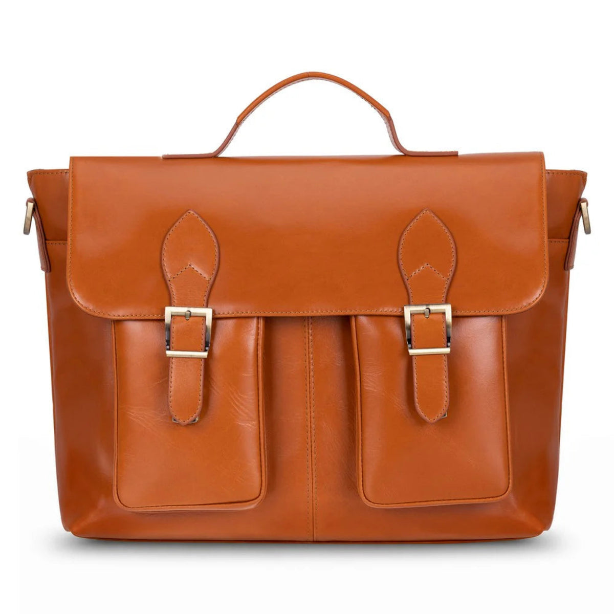 A cognac brown leather briefcase with a top handle, two front flap pockets with gold-tone buckle details, and a shoulder strap, shown against a plain white background.