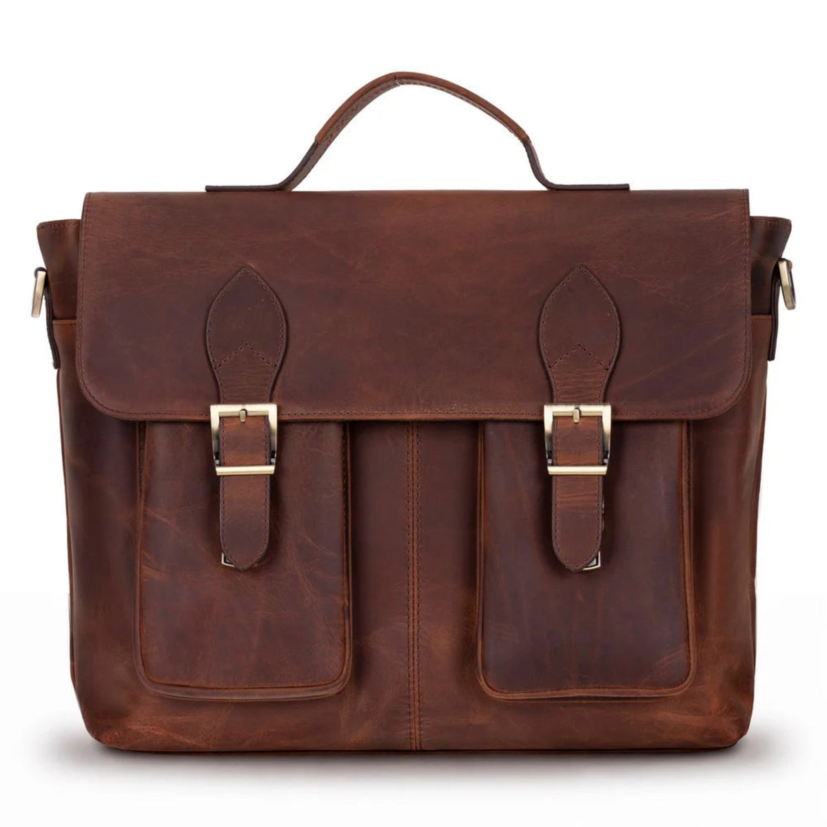 A dark brown distressed leather briefcase with a top handle, two front buckle straps, and two front pockets, shown on a plain white background.