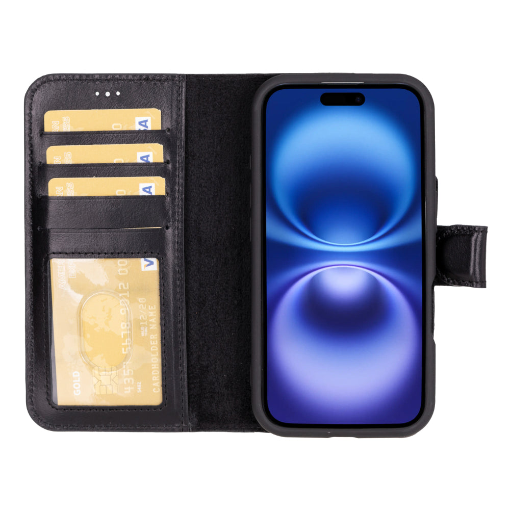 Black iphone 16 wallet case with card slots and phone pocket on a white background