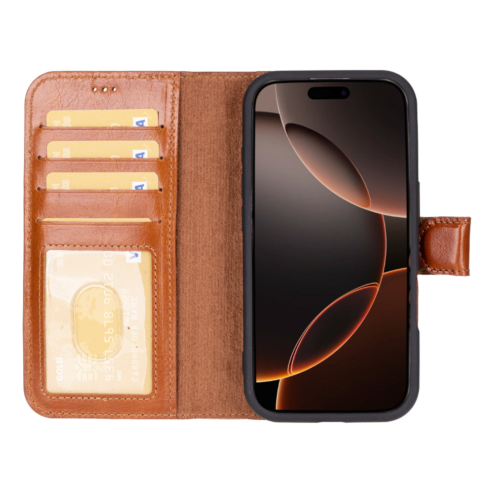 Brown phone wallet case with card slots and phone stand feature on a white background