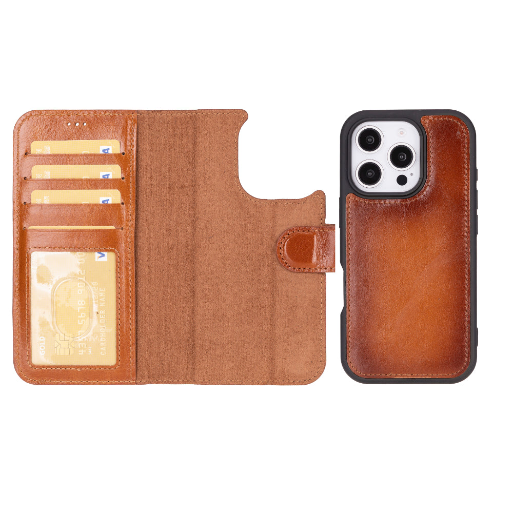 Brown leather phone case with card slots and back cover on a white background