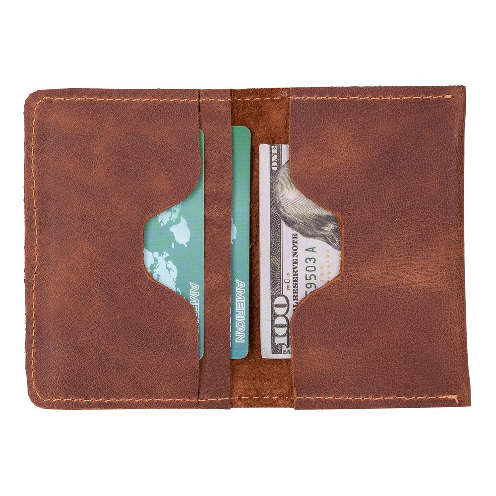 Brown leather wallet with card slots and bill holder on a white background