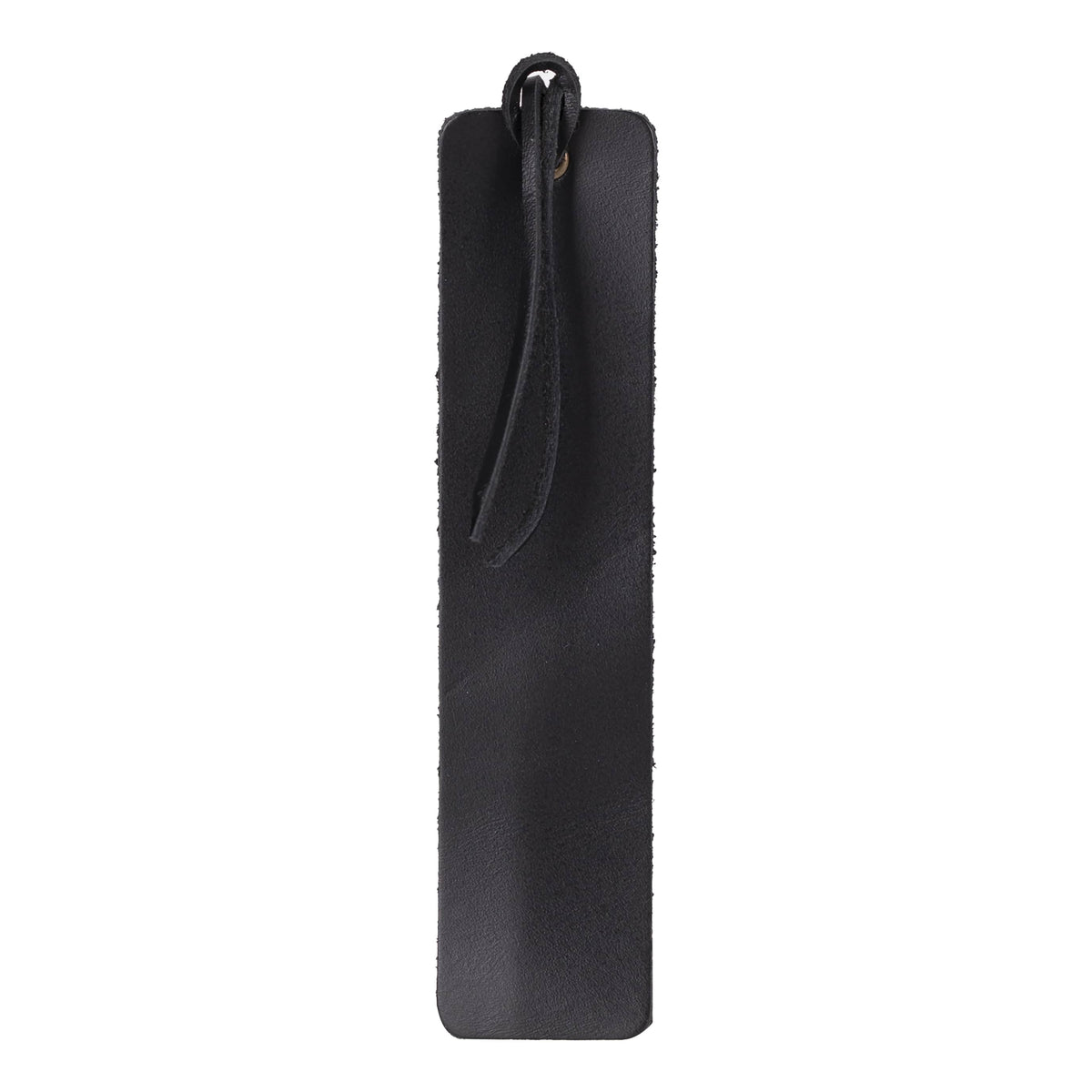 Black leather bookmark with a strap on a white background
