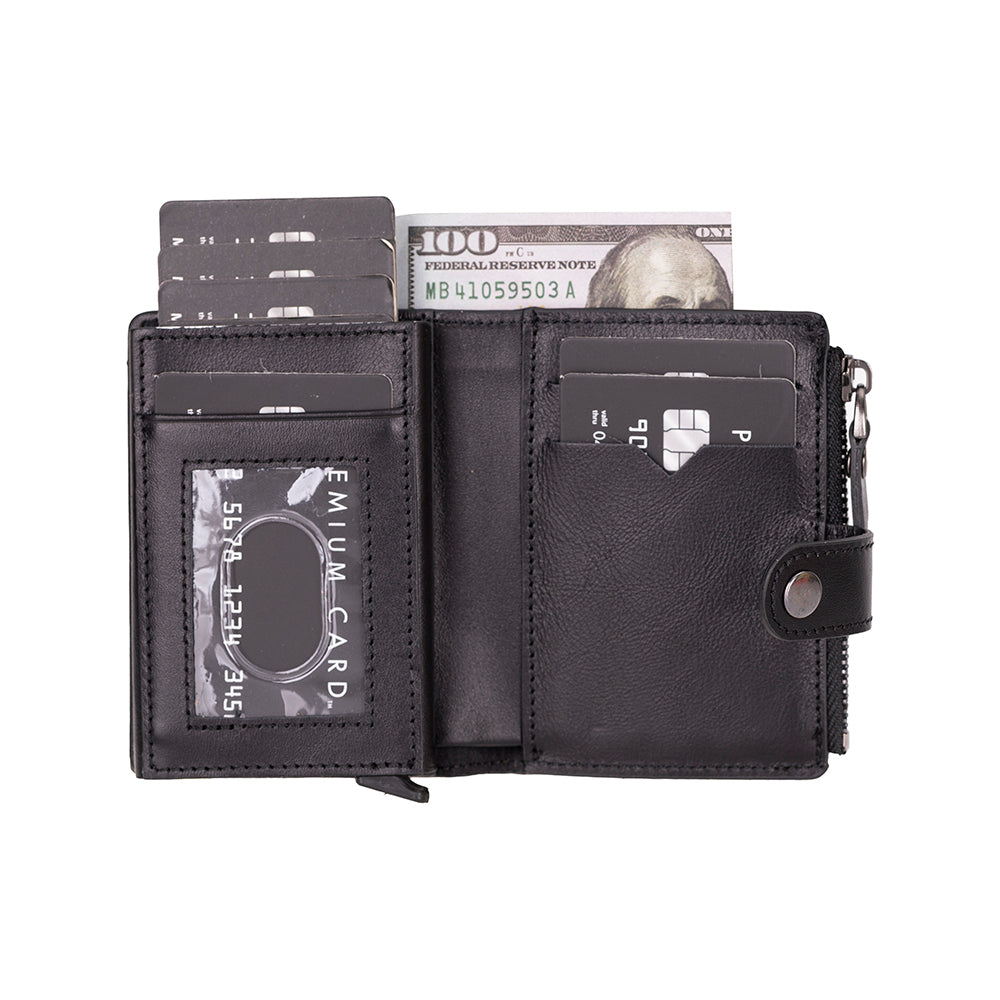 Black wallet with card slots and money clip on a white background