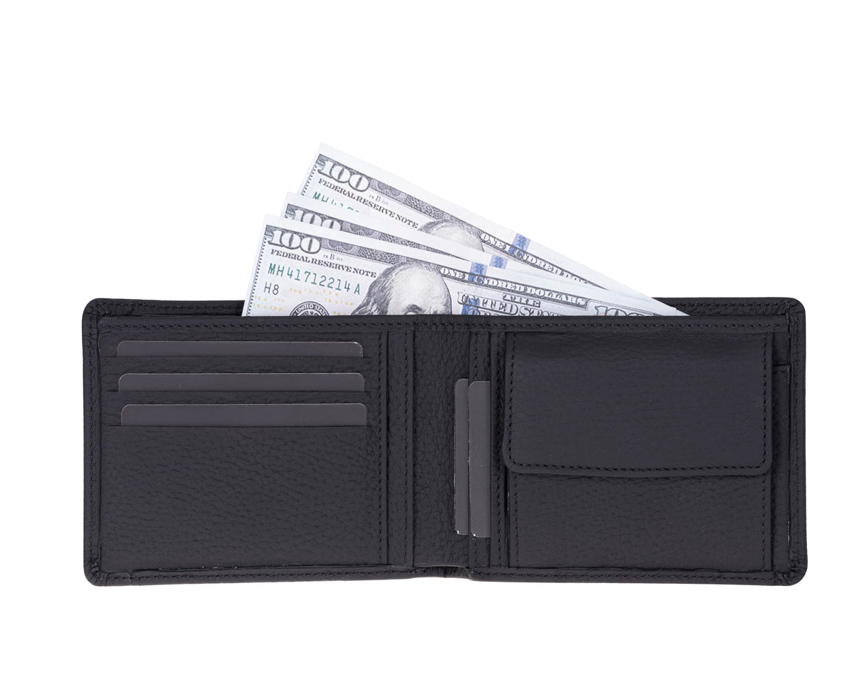 Black wallet with money on a white background