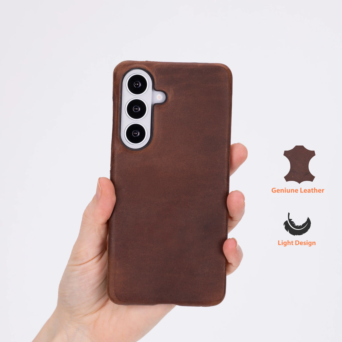 Hand holding a brown leather phone case with 'Genuine Leather' and 'Light Design' icons on a white background.