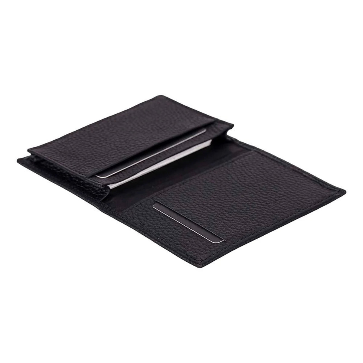 A black textured leather bi-fold wallet shown open, displaying its interior card slots and a front slip pocket, set against a plain white background.