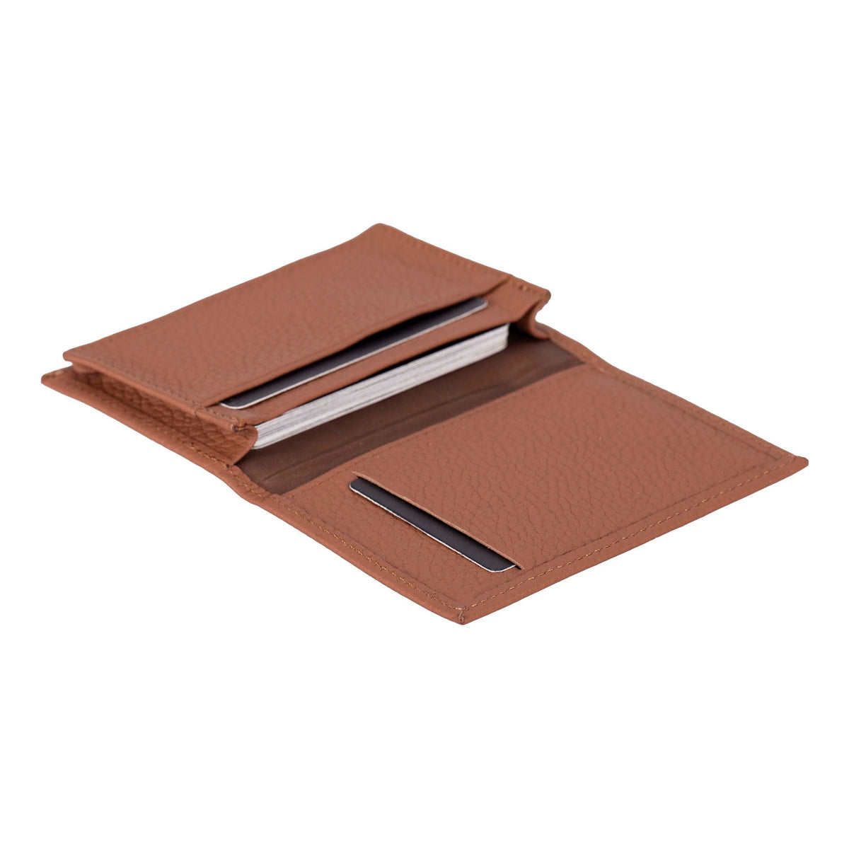 A brown textured leather cardholder wallet shown open on a plain white background, displaying its interior compartments and card slots.