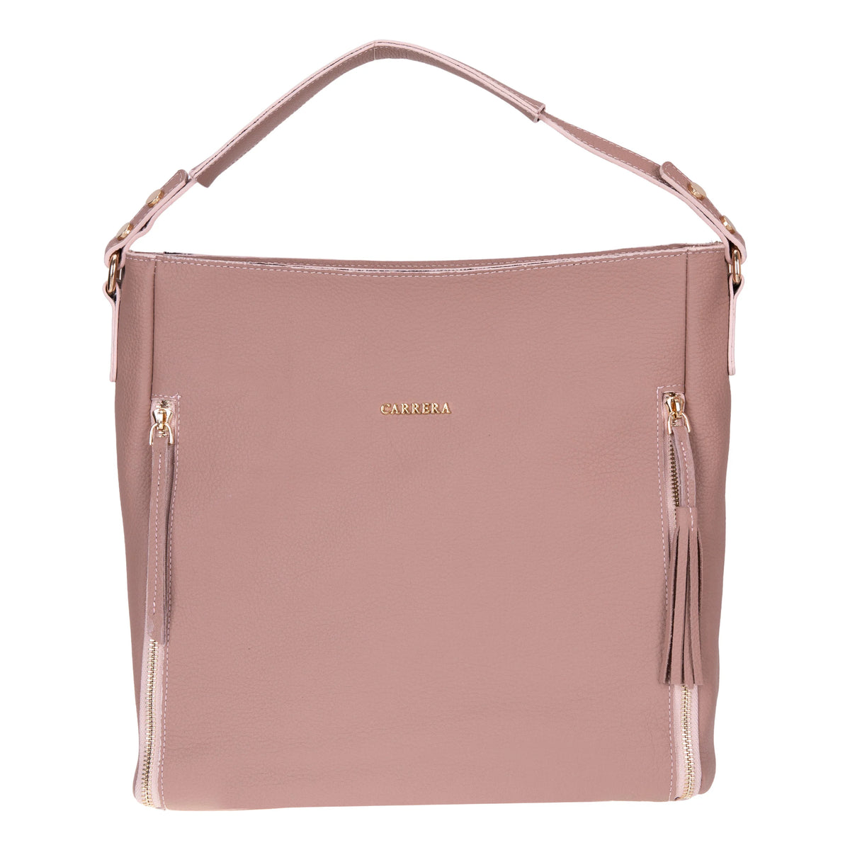 Pink handbag with gold zipper and 'Barrera' branding on a white background