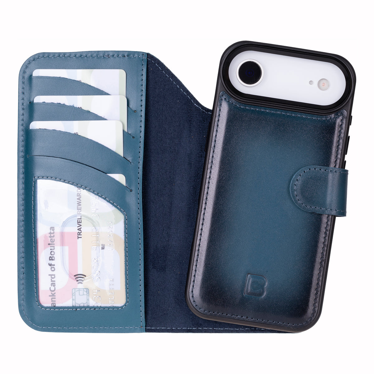 Blue phone wallet case with card slots and phone holder on a white background