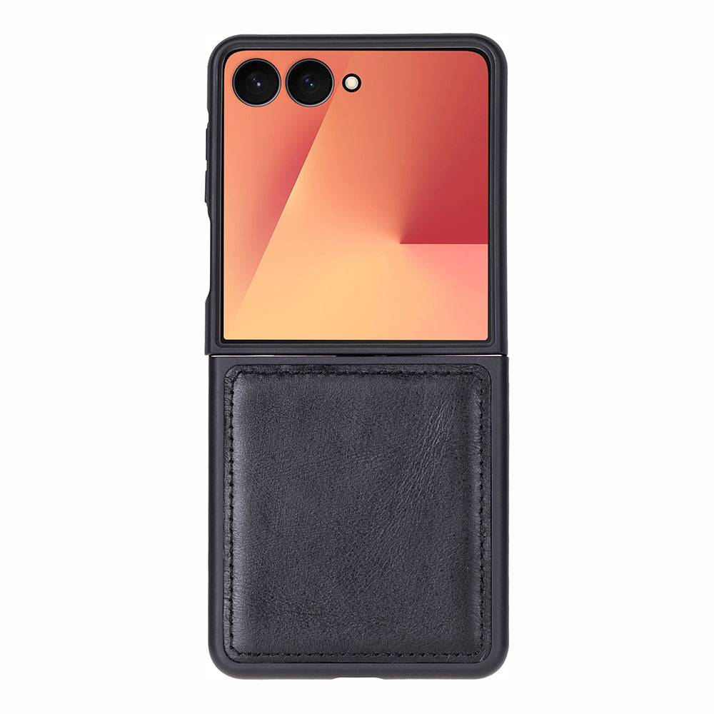 Phone case with a reflective back and black leather side on a white background